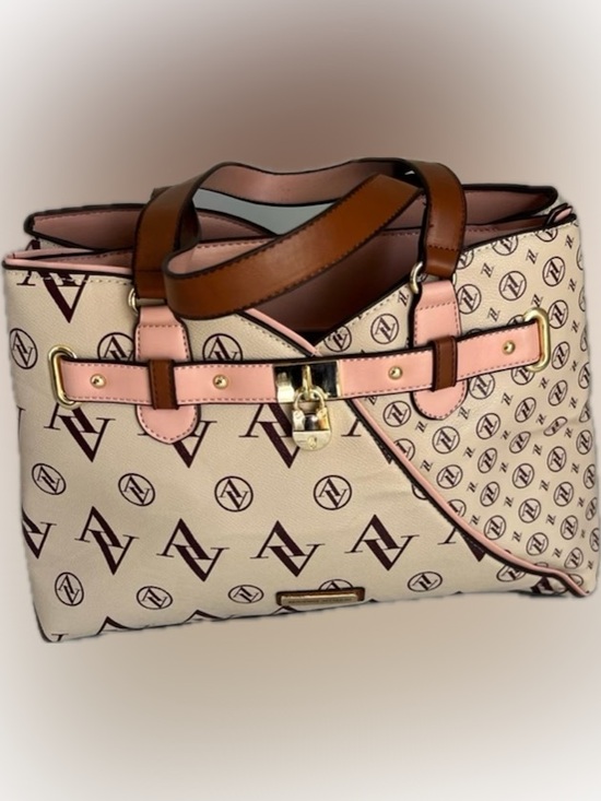 Adrienne Vittadini Handbags - Adrienne Vittadini Beige, Pink & Brown Logo Tote with Gold Hardware